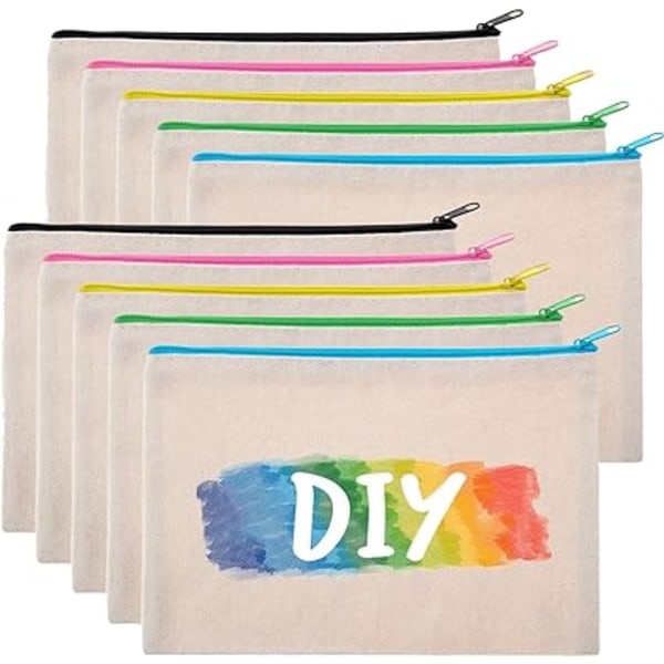 Senbeeda 10 kappaletta tyhjiä kynäkoteloita, kangasmeikkipusseja, DIY tyhjä kangaskynäkotelo, monitoiminen vetoketjullinen laukku, käsintehty matkalaukku, lapsille maalaamiseen, 21x12cm