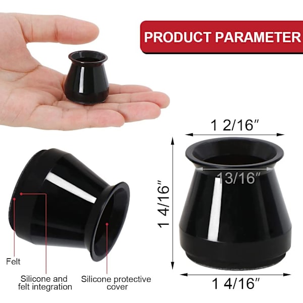 Sæt med 24 gummistolebenkapper skridsikre bordben, støjreducerende, sort, 3,8 cm