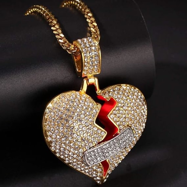 Knust hjerte kjede anheng for menn, 18K gullbelagt fullt iset ut Rhinestone Twist Rap kjede halskjede for kvinner