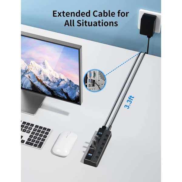 6-portars USB 3.0-hubb, bärbar USB-splitter med individuella på/av-strömbrytare