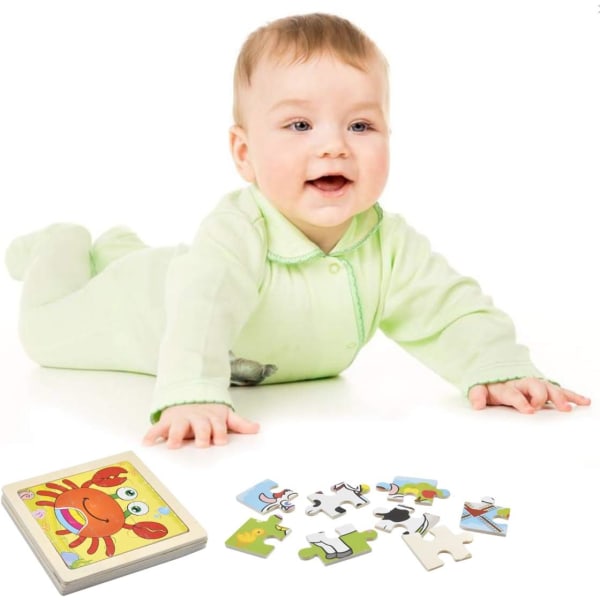 Træpuslespil til småbørn, Mini Kids Jigsaw Toy, 4 pakker med 9 brikker