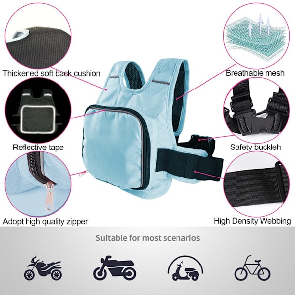 Sikkerhedsselerem til børns motorcykel og cykel med justerbar, let foldbar refleksstrimmel og opbevaringspose (lyseblå)