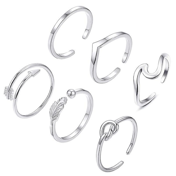 6 stk. åbne ringe sæt til kvinder, justerbare fingerled tommelfingerringe, tåring strand smykker ring til kvinder piger (sølv)