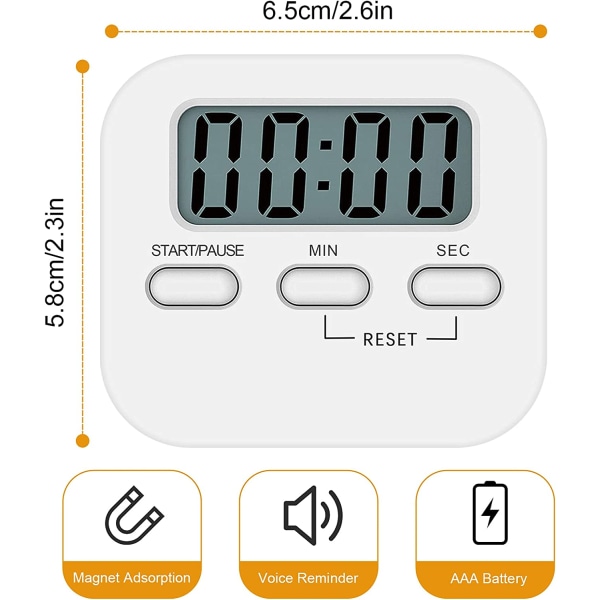 2 st Magnetisk Kökstimer med Stor LCD-skärm, med Stoppur, Kraftfullt Alarm och Nedräkning, Vit