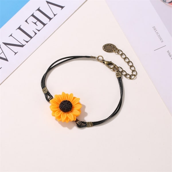 Retro Solsikke Armbånd for Kvinner, Kreativ Svart Lær Tau Armbånd, Mote Vennskap Smykker Tilbehør for Festgaver