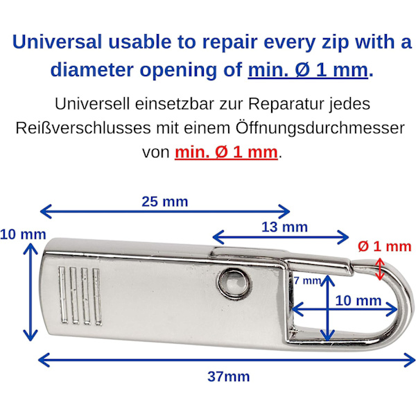 Dragkedja Reparation Dragkedjor, Set med 2 Silver Reserv Dragkedja Flikar, Universal Dragkedja Dragkedja Öppning Ø 1 mm Rock, Resväska, Ryggsäck, Dragkedja Reparation Flik