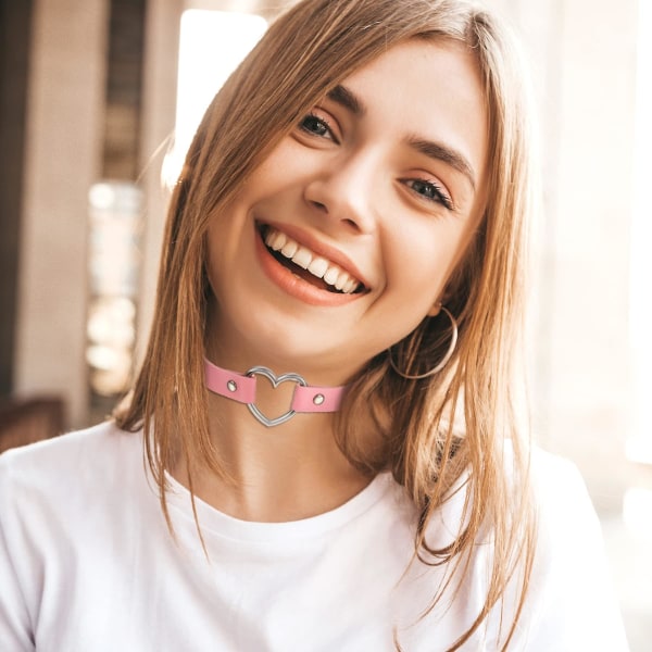 Womens Vintage Gothic Heart Læder Choker Halskæde Punk Krave Halsbånd, 13-15,4 Tommer Kæde（Pink）