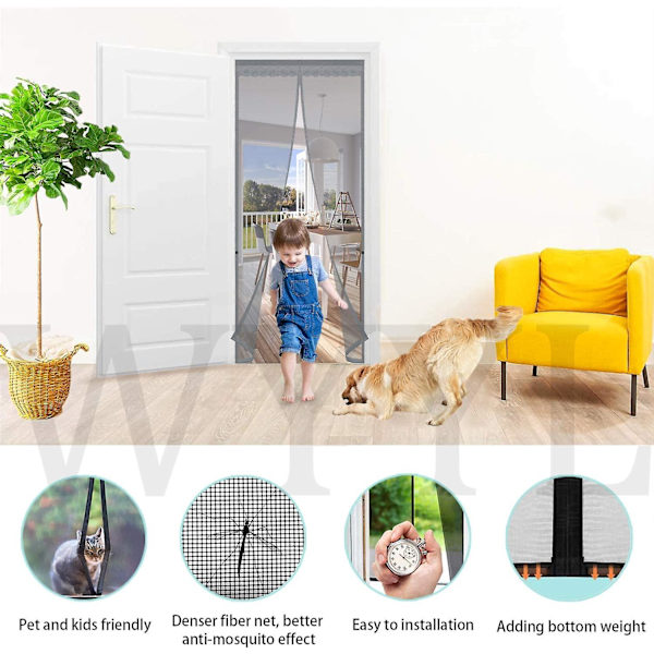 Magnetisk myggenetdør 130x210cm, myggenet til glasfiberdør, myggenet til dør automatisk lukning ultra fint mesh uden hul (grå)