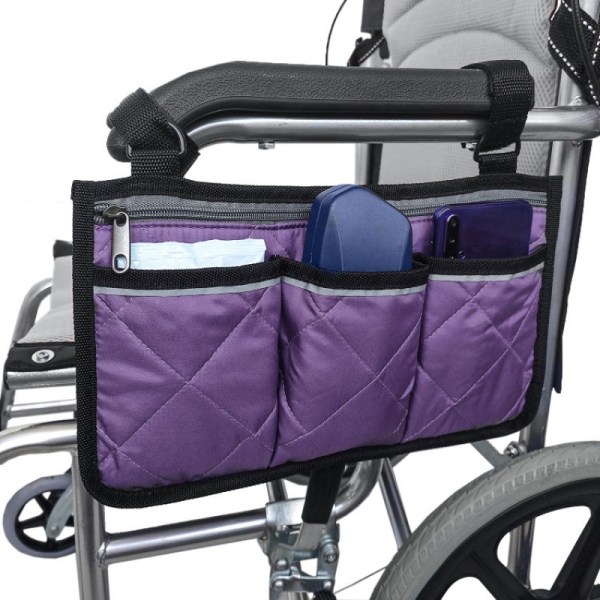 Violetti pyörätuolilaukku, käsinojallinen pyörätuolin sivutasku, heijastin