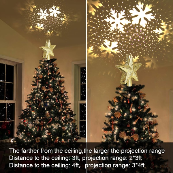 (Gylden) Opplyste juletre toppers med LED roterende snøfnuggprosjekt