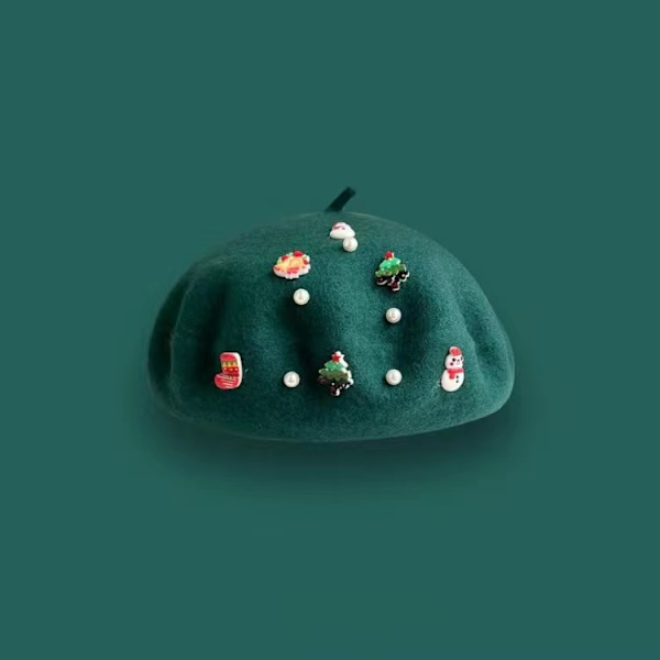 Mørkegrøn+hvid, 2-delt hue, børns juleperlesnemand