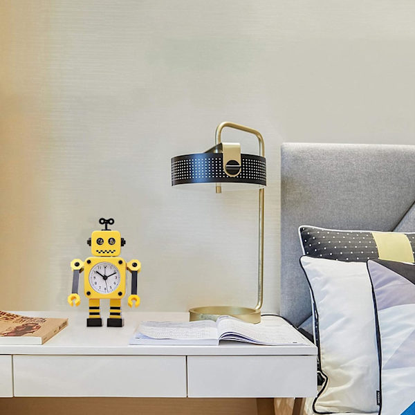 Robotväckarklocka, rostfritt metall tyst väckarklocka med blinkande lysande ögon och roterande arm, present till barn (gul svart)