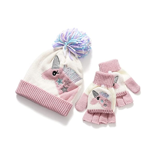 Barnmössa och vantar med broderi och vinterpompom