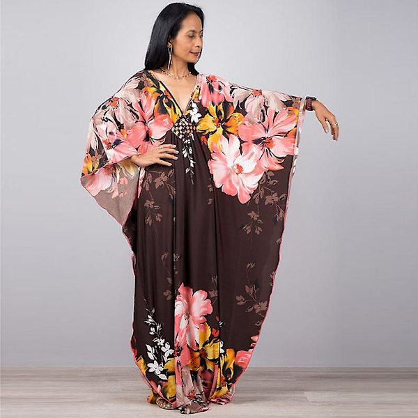 Kvinnors tryckta maxiklänning fladdermusärm strandklänning plus size solklänning strandkläder kaftan cover-ups Dn0506