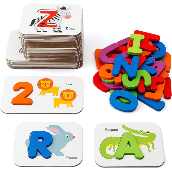Alfanumeriskt matchande kortspel - ABC-bokstav i trä och numbe