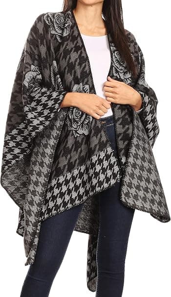 Dames Elegant Blomstermønstret Vendbar Shawl Kappe - Sort, Shawl S