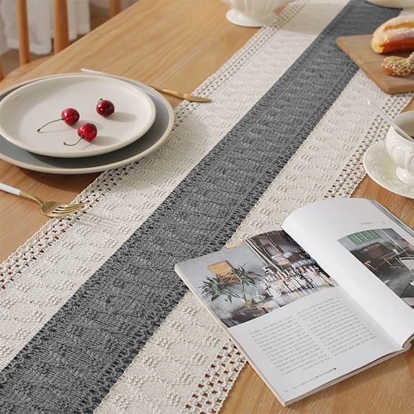 1 stk. 30 × 180 cm (grå) bomuldslinned bordløber, khaki boho krok