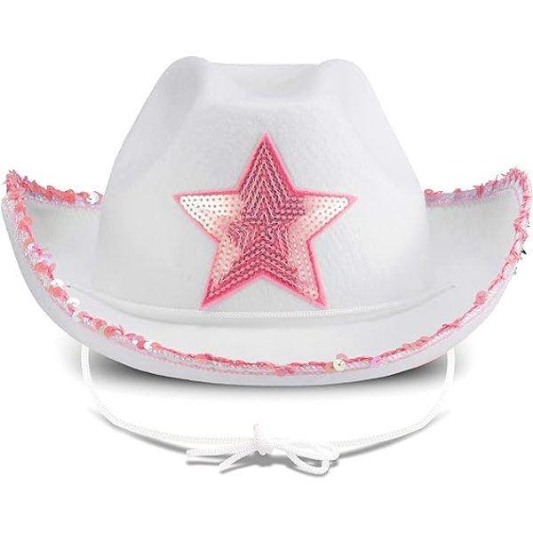 Hvite Cowgirl-hatter - (2-pakning) Rosa stjerne Cowgirl-hatt med paljetter