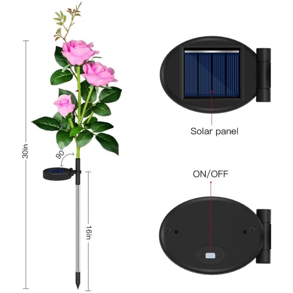 2-pack 6 rosor utomhus dekorativa solcellslampor för trädgård, uteplats, gård, gångväg, rosa