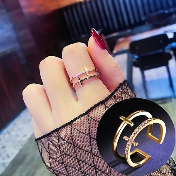 Dobbel kryss åpen ring diamant ring smykker kvinners ringer sølv finger ring gave (hvitgull)