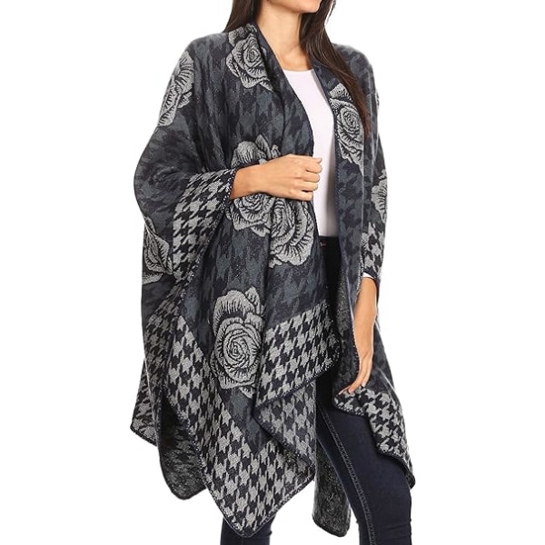 Kvindernes Fashionable Floral Reversible Shawl Cape - Blå, Shawl Sw