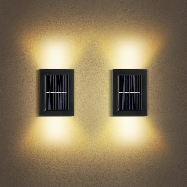 To sett med lyse LED-solcellevegg- og bunnlamper, vanntette utendørslamper, små utendørslamper, LED-lamper for gårdsplasser, porter, gjerder osv. (varm farge)