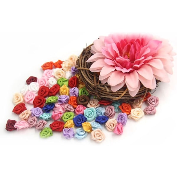 100 st/parti Mini handgjorda satinros band tyg rosetter blomma