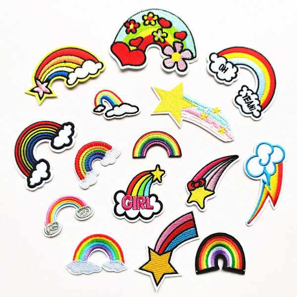 Et sæt med 15 regnbue-patches broderi klistermærker patches sort emb