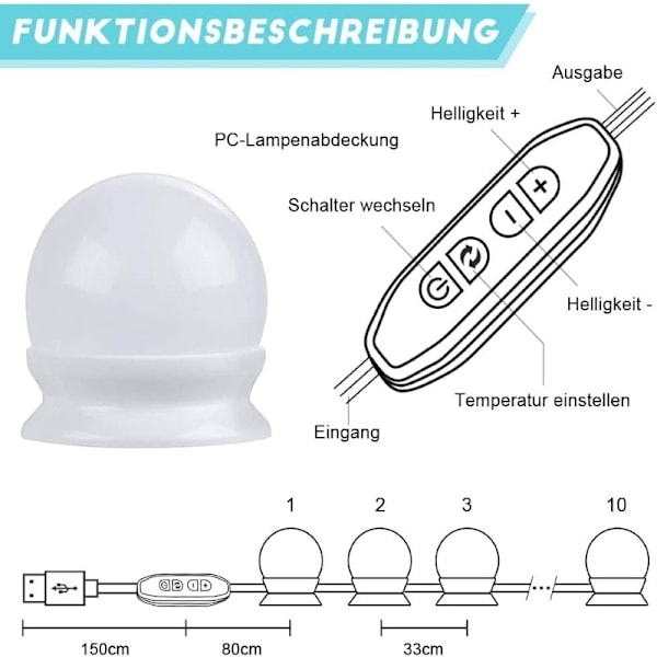 Forfængelighedsspejl forlygte, badeværelsesspejl lampe, USB tri - farve tem