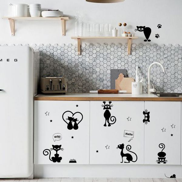 Svart tecknad kattunge dagis DIY strömbrytare klistermärke avtagbar väggklistermärke papper målning