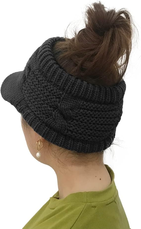 Beanie Tail Vintervarm Stickad Messy Hög Bun Hästsvans Hattar Visir B