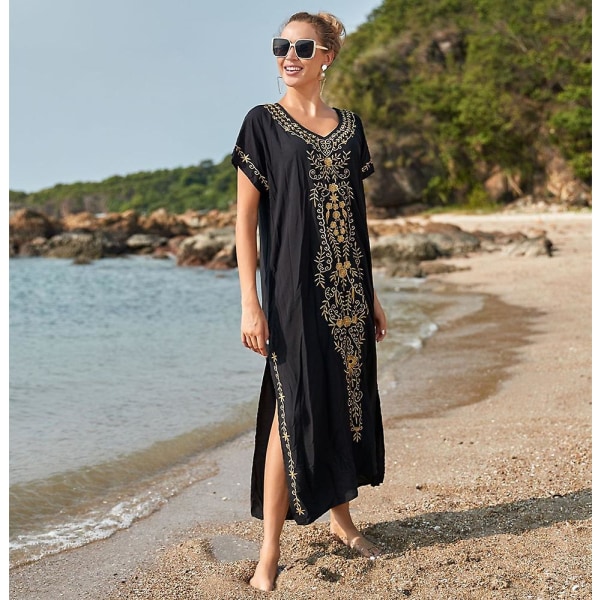 Strandblus för kvinnor Broderad strandklänning Lång klänning Täckklänning Solklänningar Svart