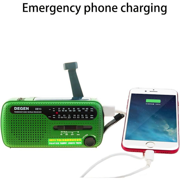 DE13 Vinklad FM AM SW Solmottagare med starkt ljus ficklampa/SOS-larm/laddningsbar mobiltelefon för nödsituationer och utomhusaktiviteter (grön)