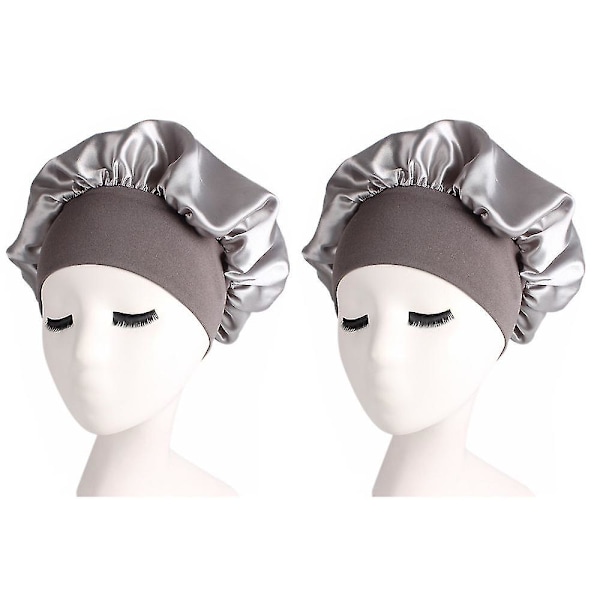2-pack Satin Sovhatt för Kvinnor, Solid Färg, Nattmössa, Hårsjukvård, Nattmössa (Silver)