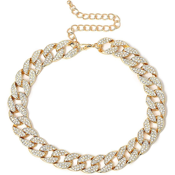 Rhinestone Curb Cuban Link Chain Choker for Kvinner Unisex Cool Hip Hop Miami Cuban Diamond-cut Chain