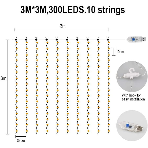 3m x 3m LED-lysgardin, 300 LED, USB, vanntett, 8 moduser, hvitt lys (varm hvit)