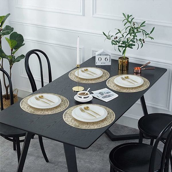 Gullsett med 6 vaskbare PVC-underlag, runde vinyl, jul, bryllup