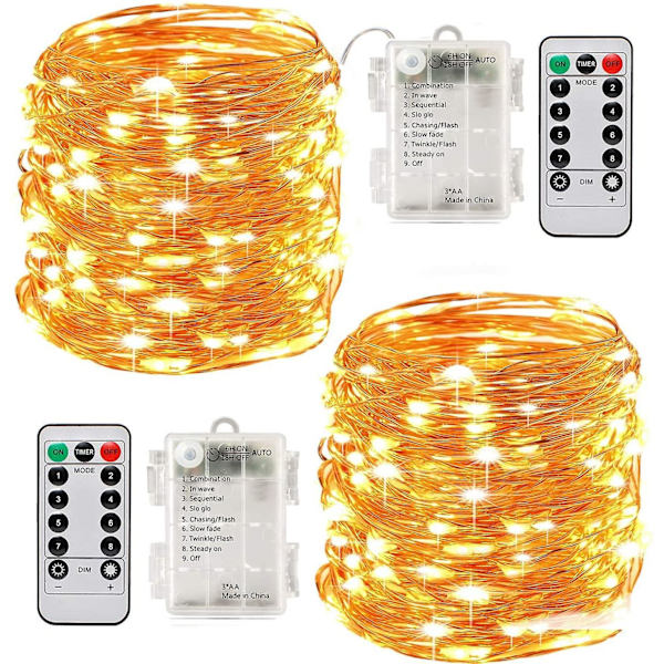 100 Leds 10m Lyskæde Timerfunktion Med Fjernbetjening Ip65 Vandtæt Indendørs- Varm Hvid (2stk)
