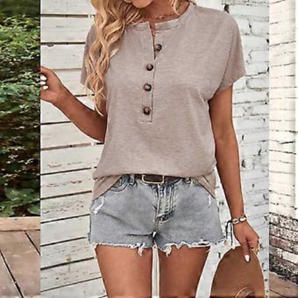 Dame O-hals Henley skjorte topp, avslappet ensfarget kortermet T-skjorte, løstsittende bluser mote sommer topper tees Rosa XXL(PinkXXL) Pink XXL
