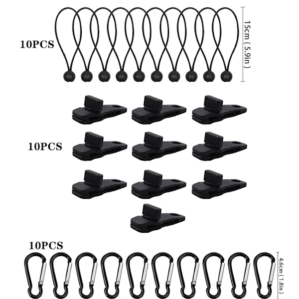 10-pack presenningklämmor utomhus presenninghållare med remspännare Bungee-sladd + D-formad karbinhake för presenningar, markiser, camping, husvagn, bilöverdrag