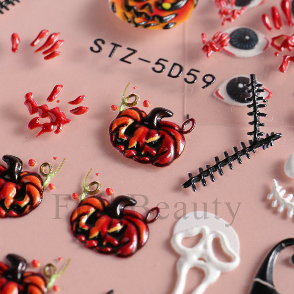 5 Nail Art Stickers Halloween skalle Spindelben Pumpa präglad
