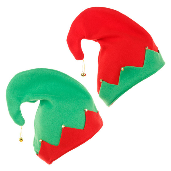 Sett med 2, rød grønn alvehatt med Bell Voksen Juleblomst Dres