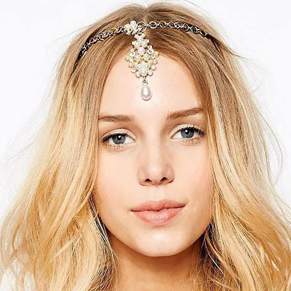 Perle anheng hodekjede gull krystall hodeplagg med hårnål vintage festival hårtilbehør rhinestone brude