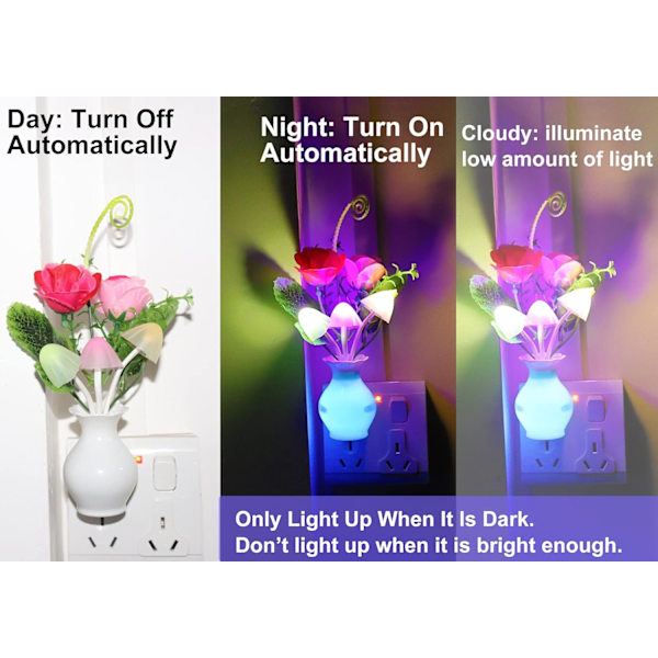 LED-nattlampa med automatisk skymningssensor, AUSAYE 0,5 W energibesparande lampa dröm nattlampa ros blomma svamp nattlampor för barn vuxna sovrum, badrum, vardagsrum, kök, hall