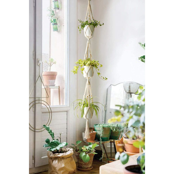 Macrame växt hängare 3 nivåer inomhus utomhus hängande växtkorg bomullsrep med pärlor 177cm