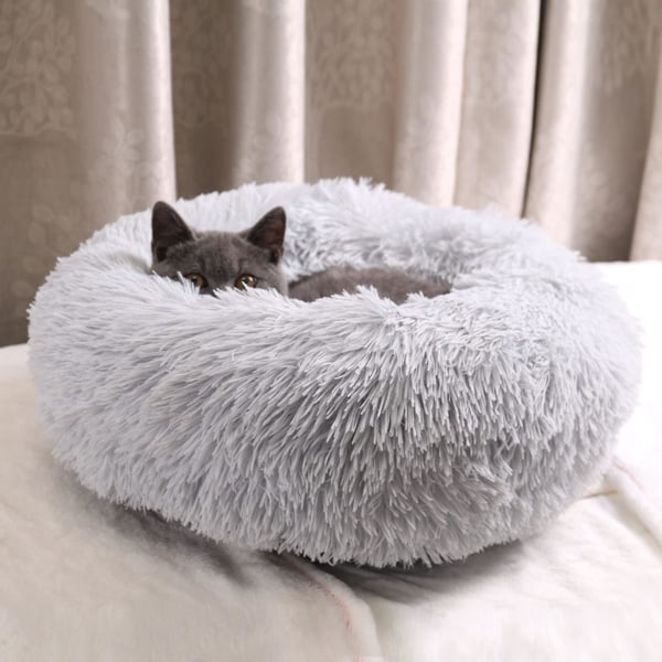 Plys Donut Hunde Seng, beroligende rund hund katteseng blød og fluffy Cuddler kæledyr pude selvoppvarmende hvalpesenge lys grå