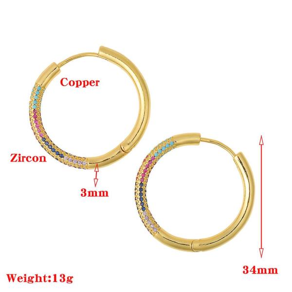 Hoop-øreringe til kvinder, guldbelagte, skinnende zirkonørering (farve)