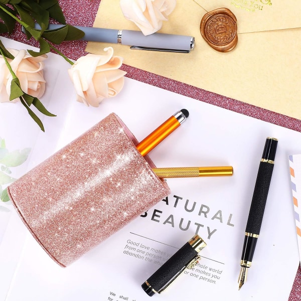 PU Glitter Pen Holder Pencil Cup Rose Gold Shiny för kvinnor och flickor,