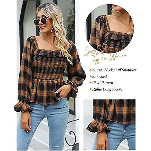 Ohpa Dame Langærmet Ternet Top Seksuelt Peplum Skjorter Firkantet Hals Sød Efterår Flannel 2022 Dame Toppe Og Bluser（XXXL Gul）