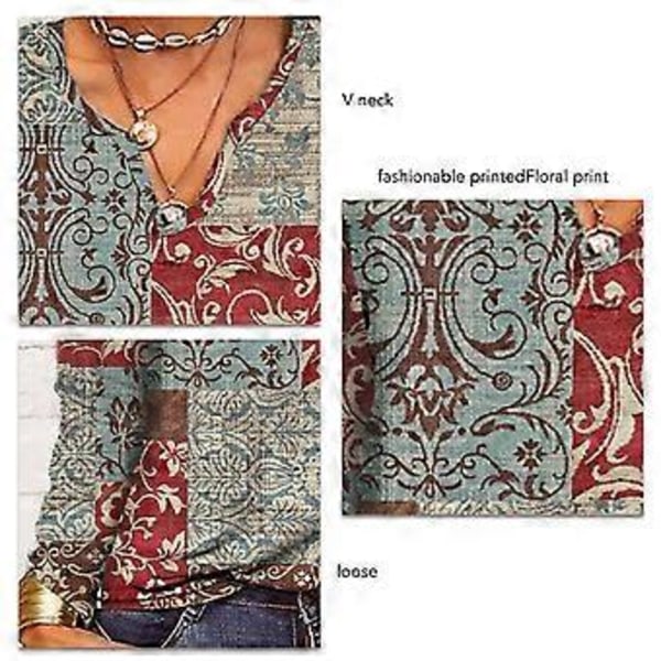 Vintage-kuvioitu pusero V-pääntie Pitkähihainen löysä kuvioitu pusero naisille treffeille (XL Punainen) Red XL